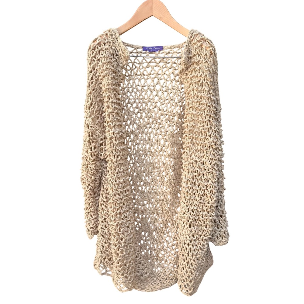 Ralph Lauren Womens OS Beige 100% Silk Hand Crochet Open Front Duster Cardigan
